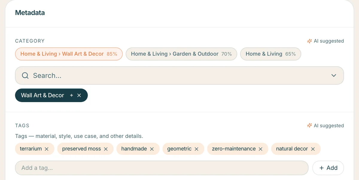 AI-suggested categories with confidence, and suggested tags