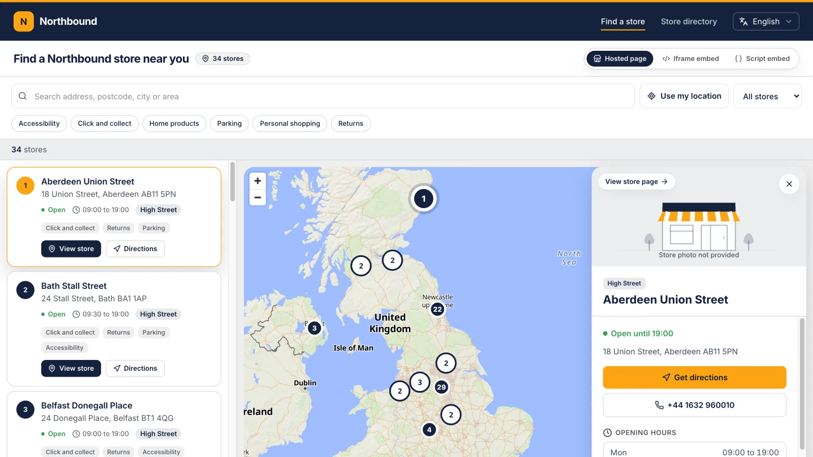 A branded store locator with a searchable list, clustered map pins and a store panel