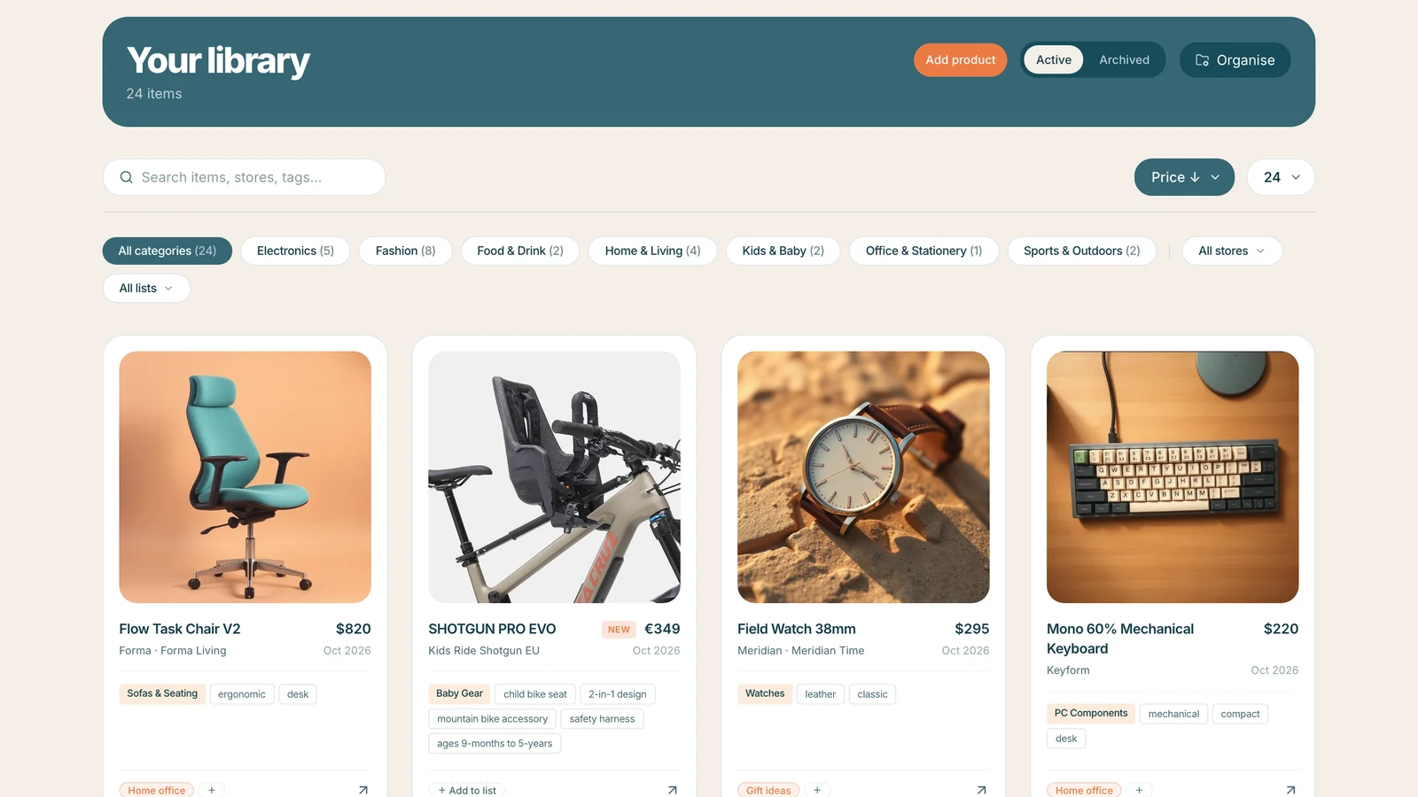 A library of saved products, each turned from a pasted link into a clean record with price, category and tags