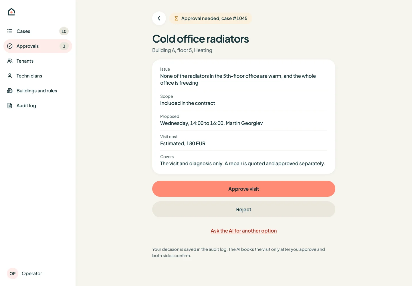 Approval request for a visit over the automatic cost limit