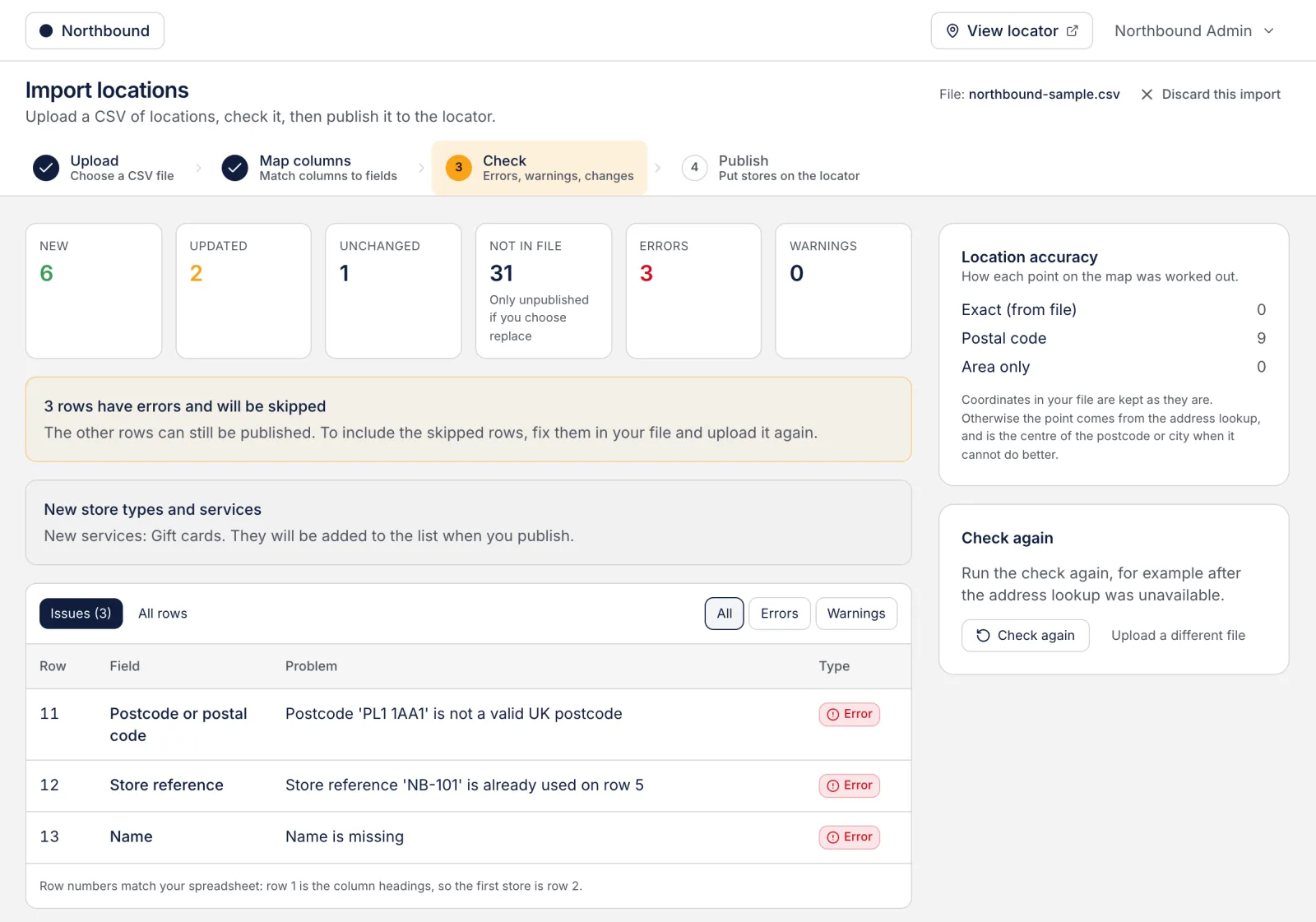 CSV import check: new, updated and unchanged rows, with row-level errors that are skipped before publishing