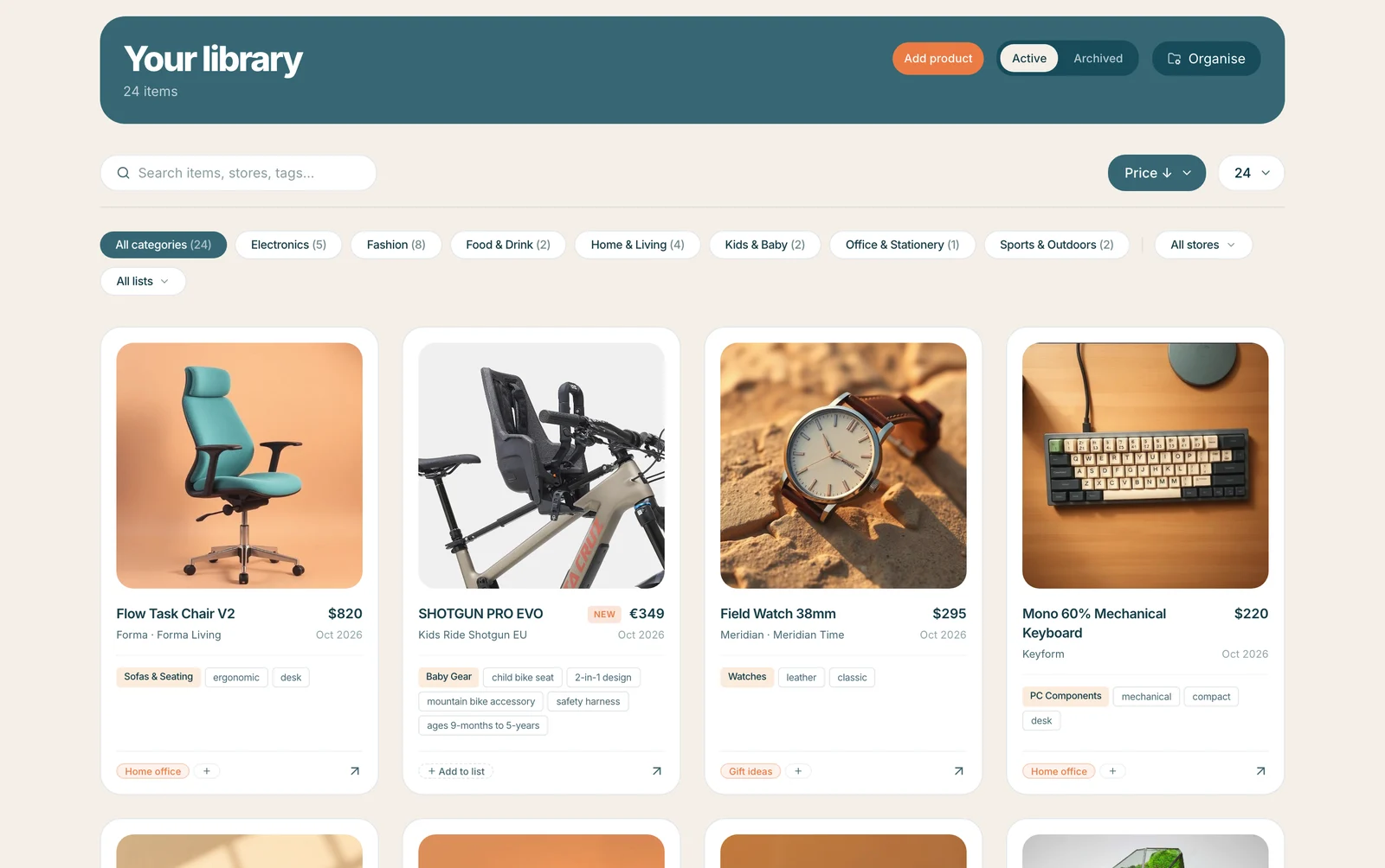 The library: saved products grouped by category, store and list