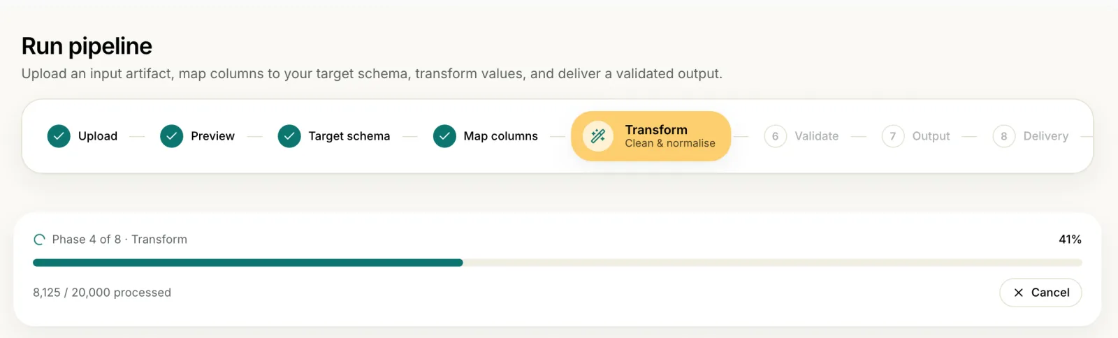 A 20,000-row run in the transform phase, processed by queued chunk jobs with live progress