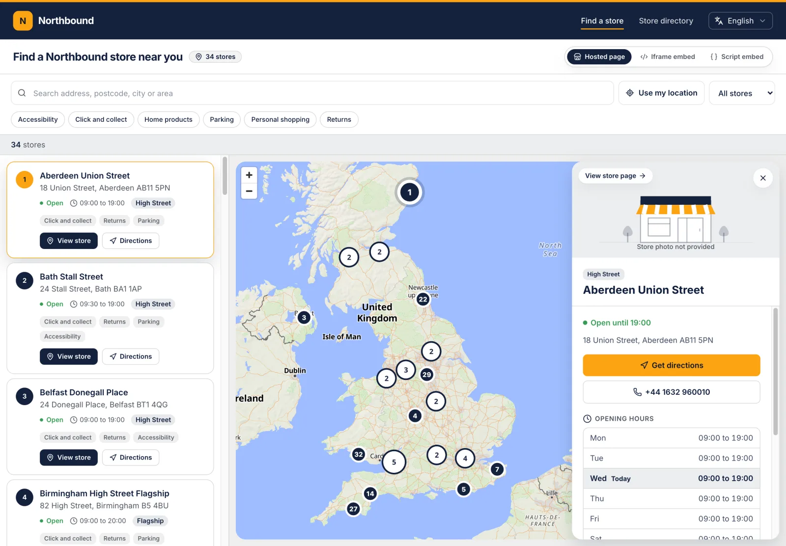Hosted store locator: searchable list, clustered map pins and a store panel with opening hours