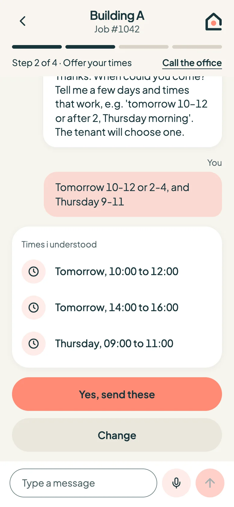 Technician chat: free-text availability turned into time slots
