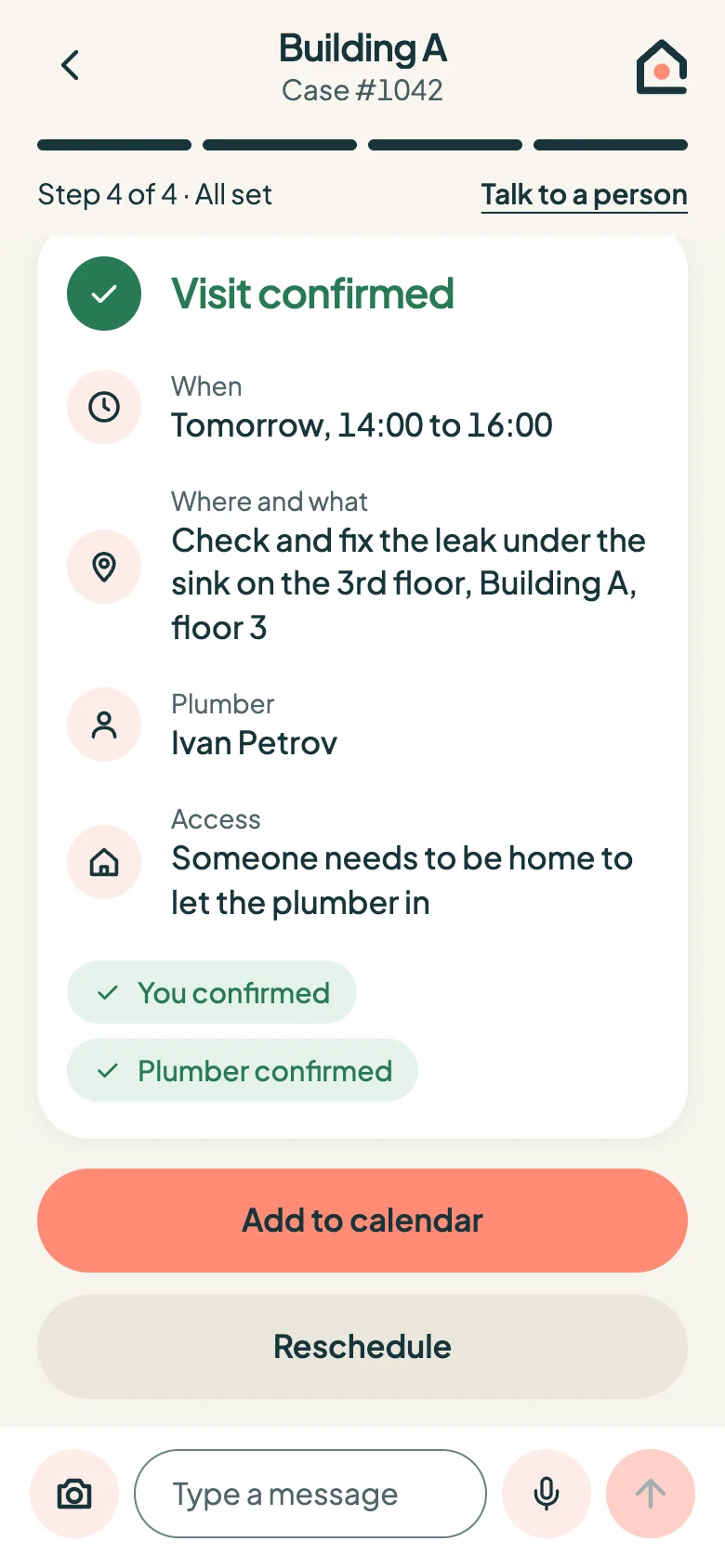 Tenant chat: visit confirmed by both sides
