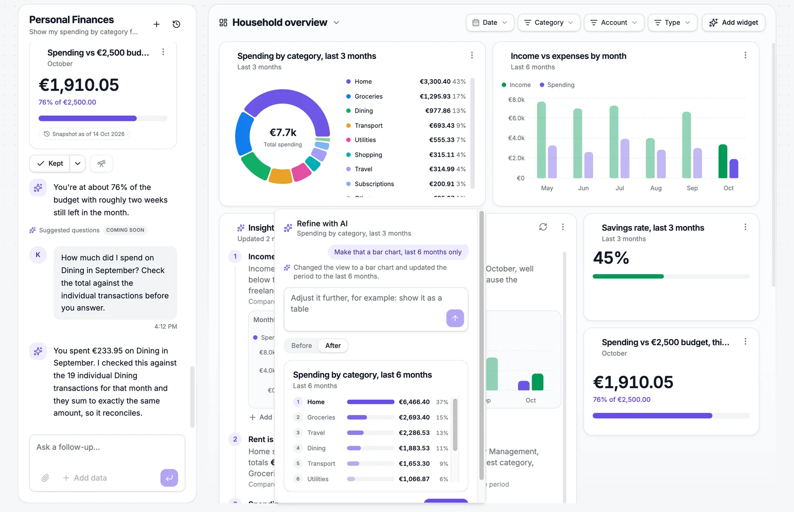 Refining a widget in plain language, with a before and after preview